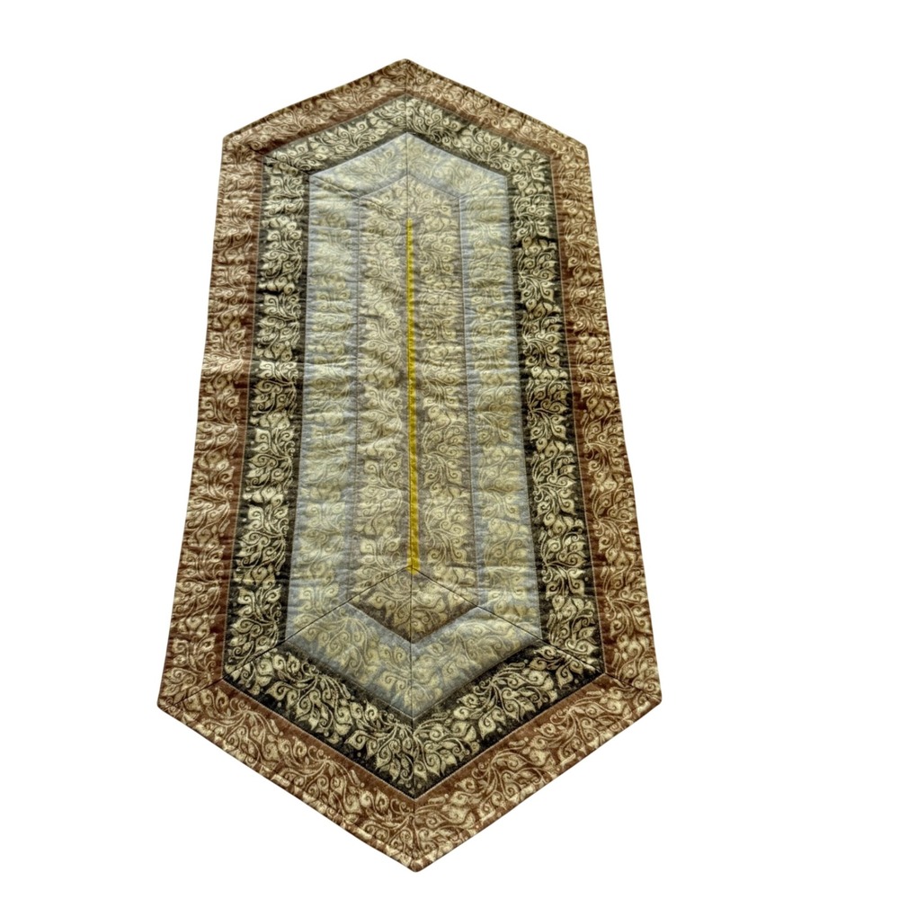 Handmade Quilted Table Runner 31x15 Brown Tan Damask Reversible Farmhouse Decor